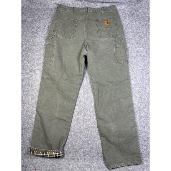 Carhartt Pants Mens 38x36 Green Flannel Lined Workwear B111 MOS Olive - Picture 8 of 13